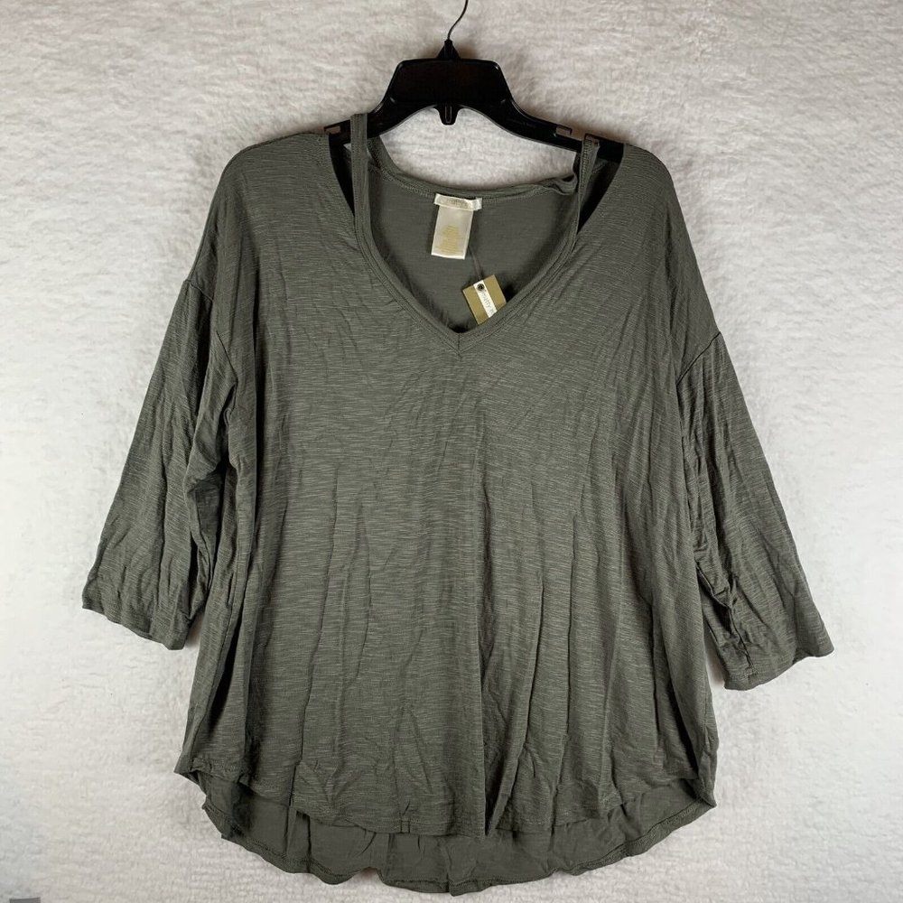 Matty M Blouse Womens Small Olive Green V-Neck Short Sleeve Pullover Top S6532